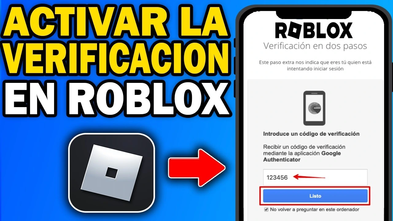 Miniatura azul con el texto «Activar la verificación en Roblox», el logotipo de Roblox y un teléfono con un formulario ilustrativo de verificación en dos pasos.