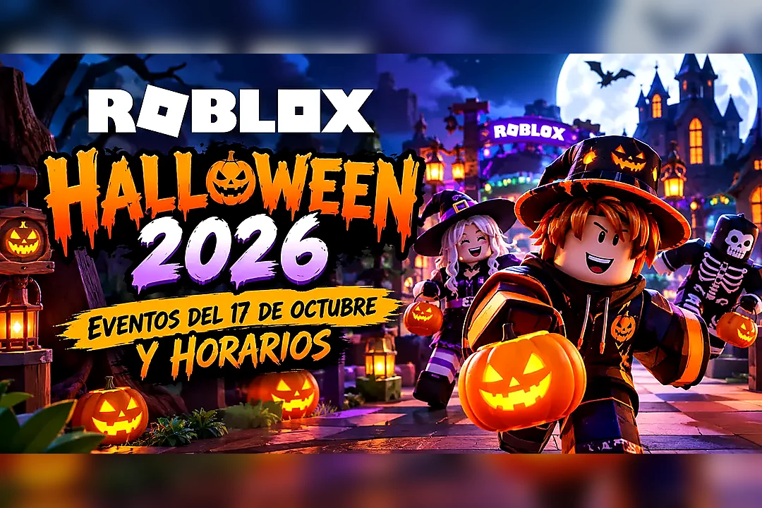 Ilustración de personajes de Roblox con disfraces, calabazas iluminadas y un castillo; incluye los rótulos «Halloween 2026» y «Eventos del 17 de octubre y horarios».